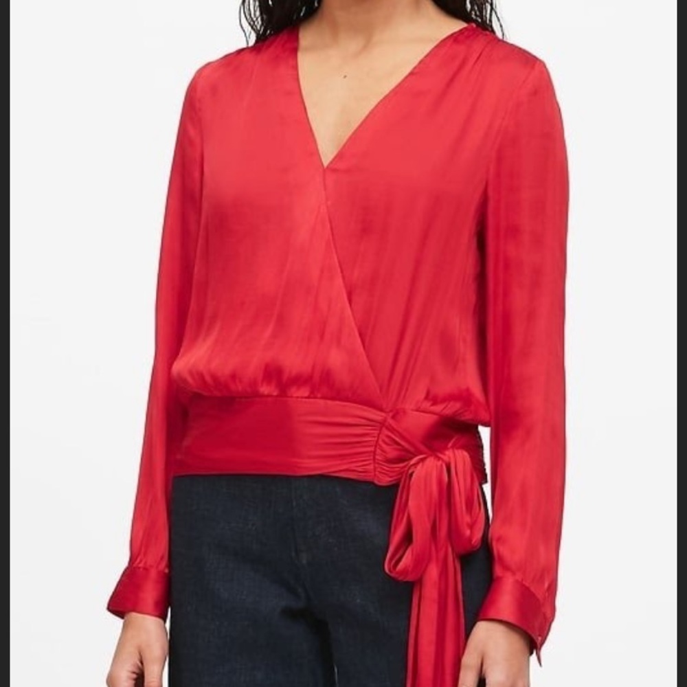 Banana Republic Red Ladies Satin Wrap Long Sleeve Blouse 
Size small